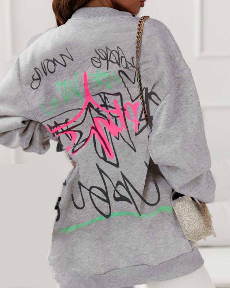Letter Graphic Print Long Sleeve Zipper Design Coat