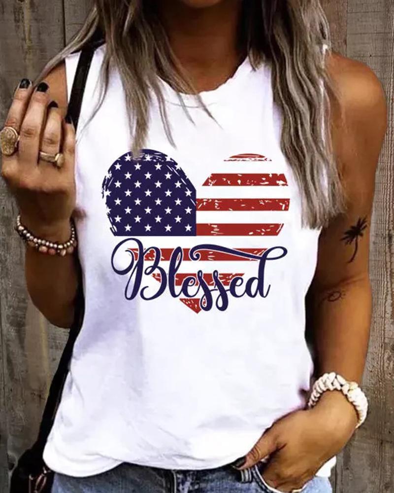 Independence Day Blessed Flag Heart Print Tank Top