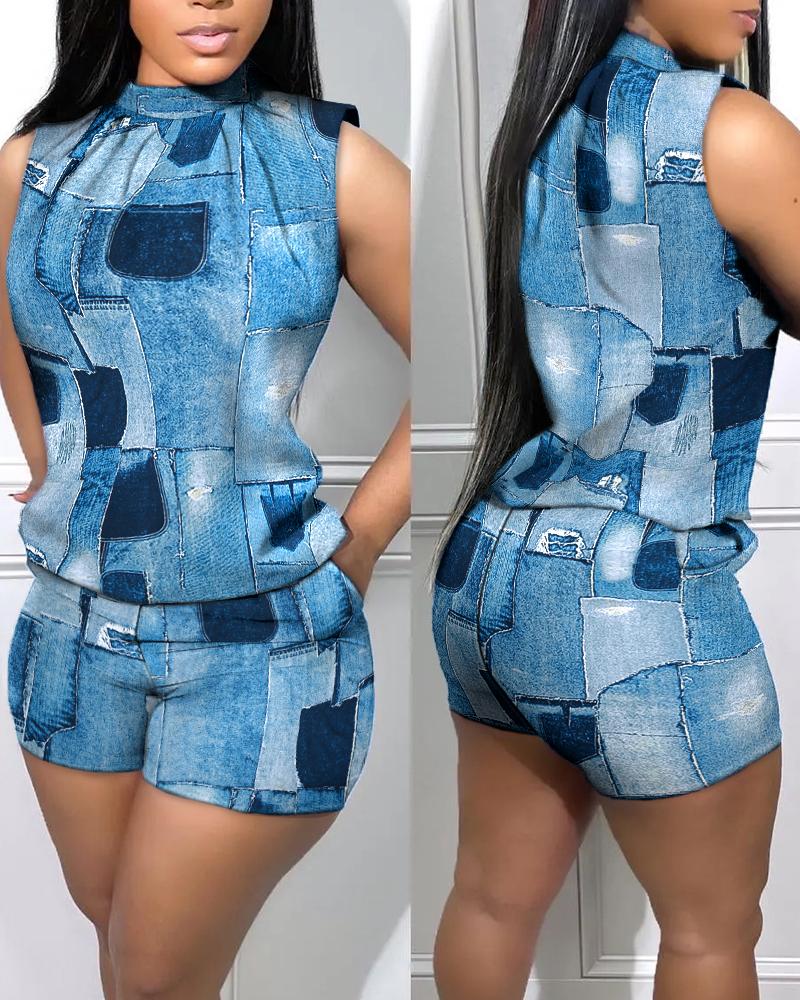 Denim Look Print Casual Tank Top & Shorts Set