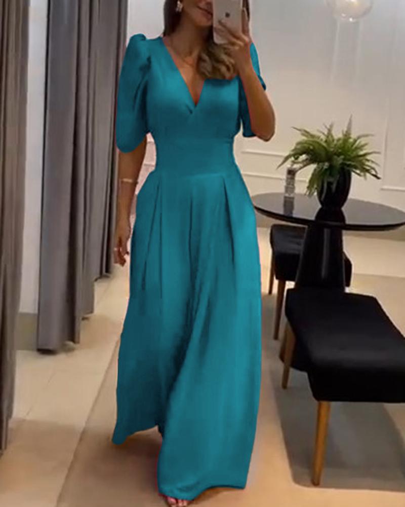 Puff Sleeve Wide Leg Flared Jumpsuit