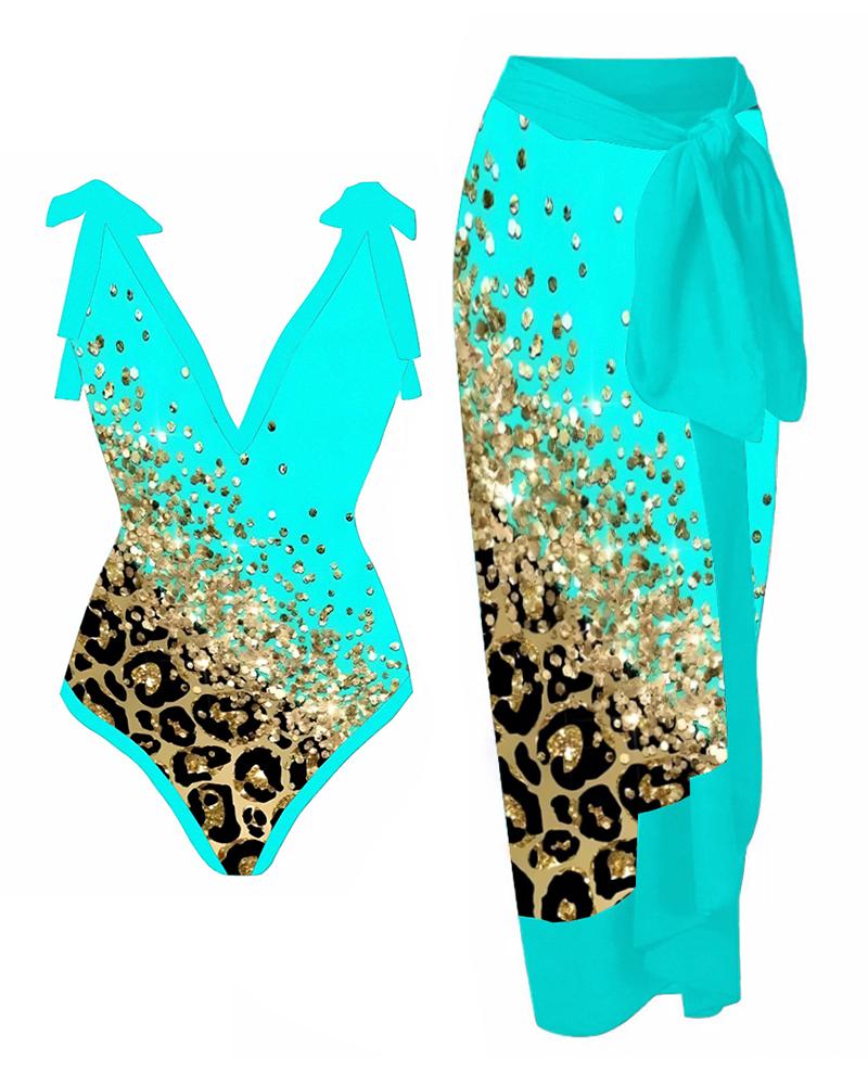 One-piece Contrast Leopard Print Plunge One Piece Swimsuit With Cover Up