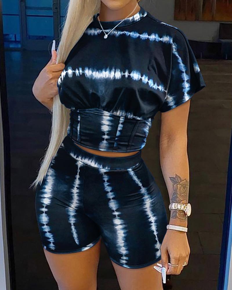 Tie Dye Print Corset Design Crop Top & Shorts Set