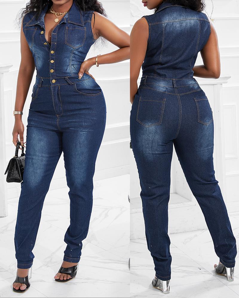 Buttoned Pocket Design Sleeveless Denim Jumpsuit