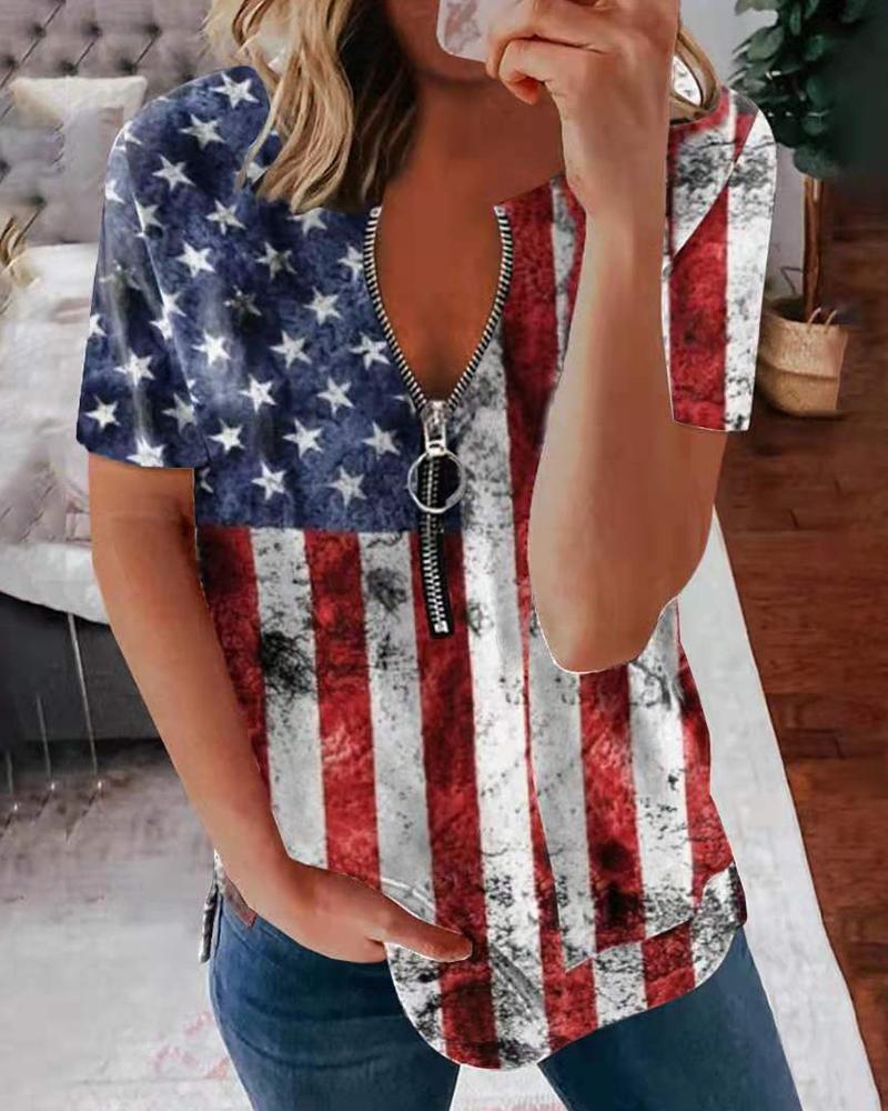 Independence Day Flag Print Zip Front Casual T-shirt