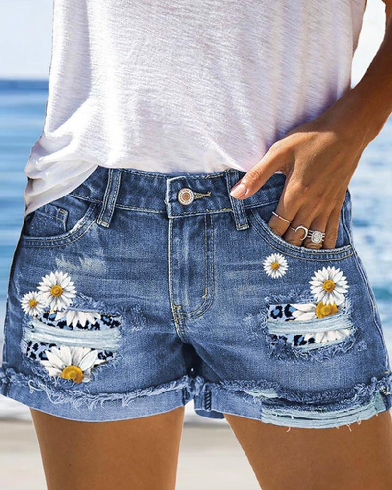Daisy Print Patchwork Ripped Denim Shorts