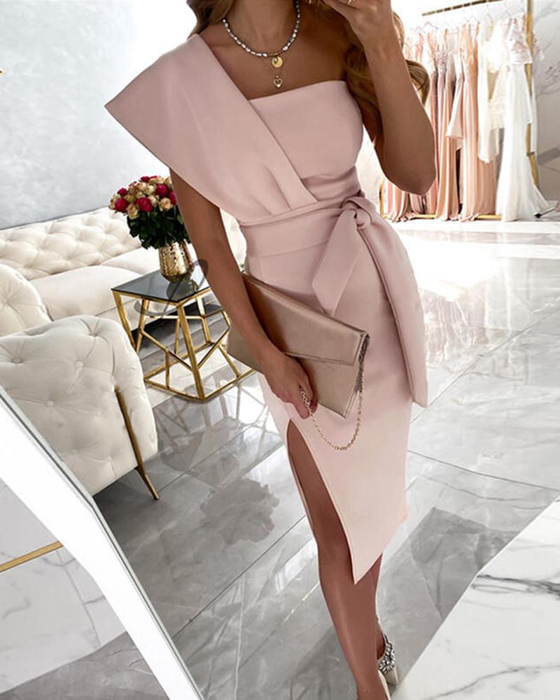 One Shoulder Split Thigh Belted Party Dress