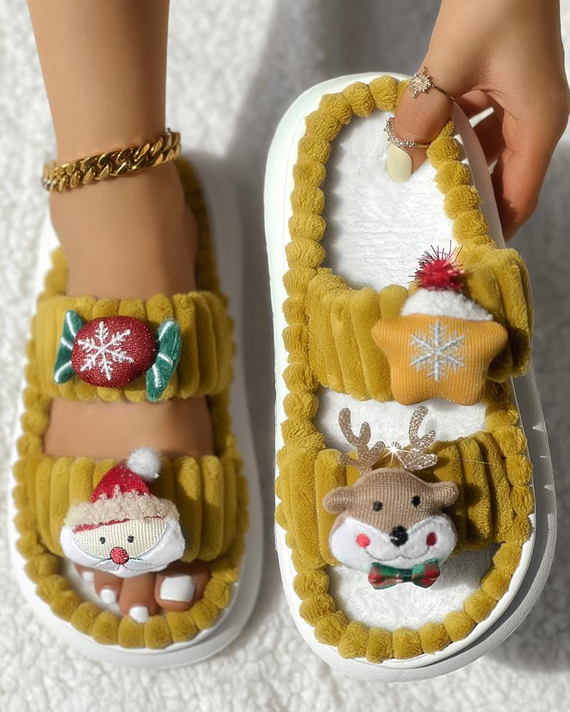 Christmas Cartoon Elk Santa Claus Pattern Fuzzy Winter Slippers