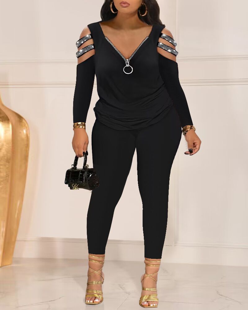 Plus Size Cold Shoulder Rhinestone Top & Pants Set