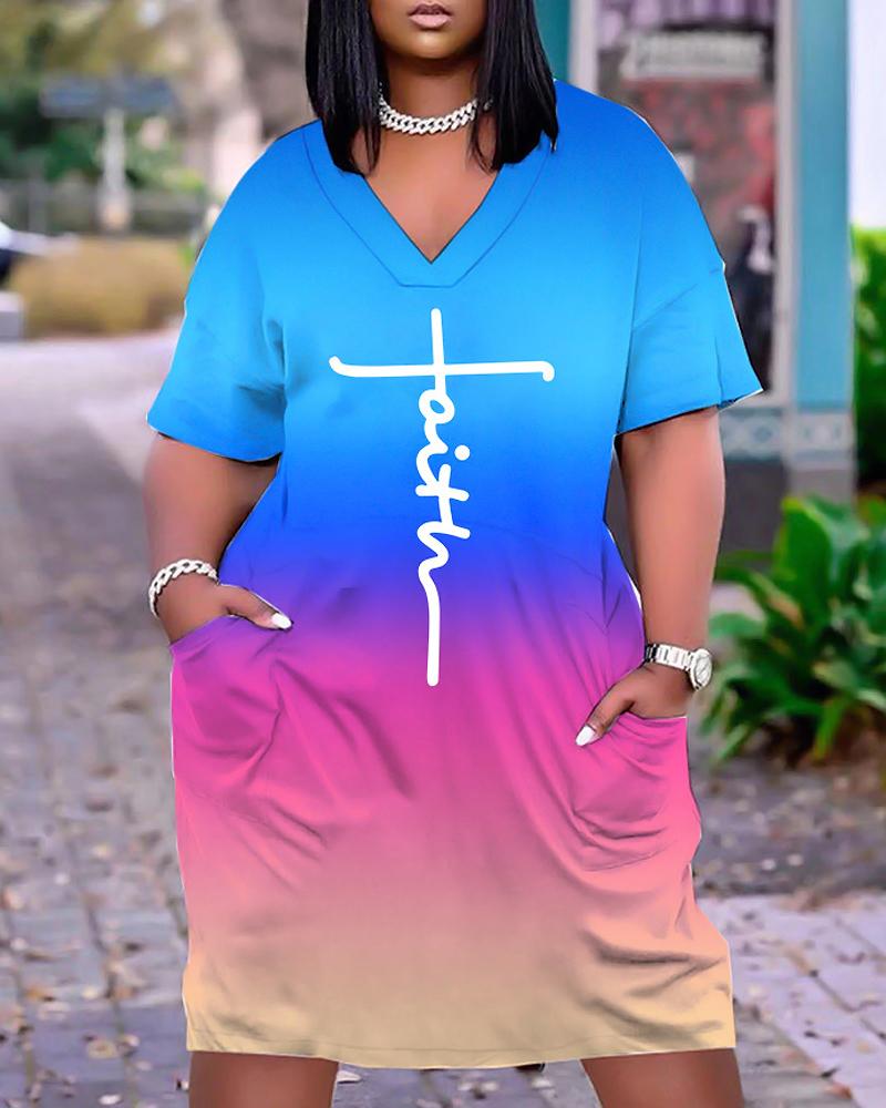 Plus Size Faith Print Ombre Casual Dress