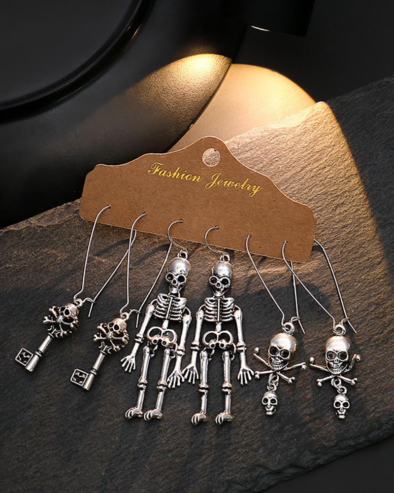 3Pairs Halloween Key Skull Skeleton Drop Earrings Set