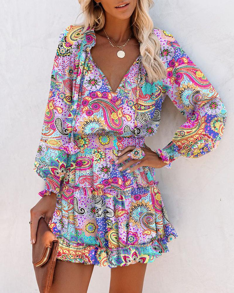 Print Dresses  ChicMe Paisley Print Ruffle Hem Shirred Waist Casual Dress