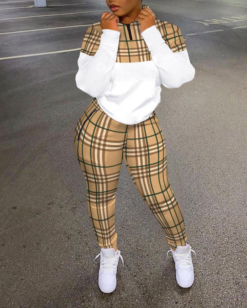 Plaid Print Zip Detail Long Sleeve Top & Pants Set
