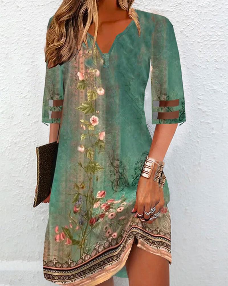 Floral Tribal Print Sheer Mesh Patch Casual Dress