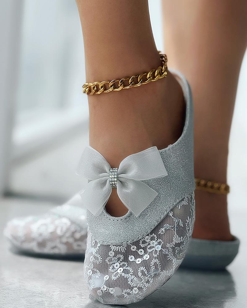 Bowknot Design Contrast Sequin Slippers
