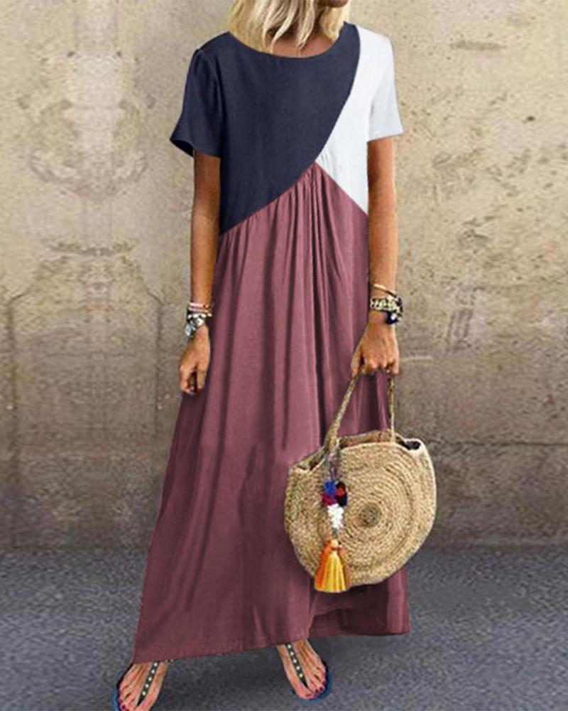 Colorblock Patchwork Short Sleeve Maxi Dress