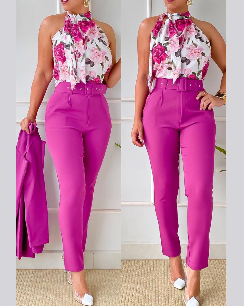 Floral Print Tank Top & High Waist Pants Set With Belt