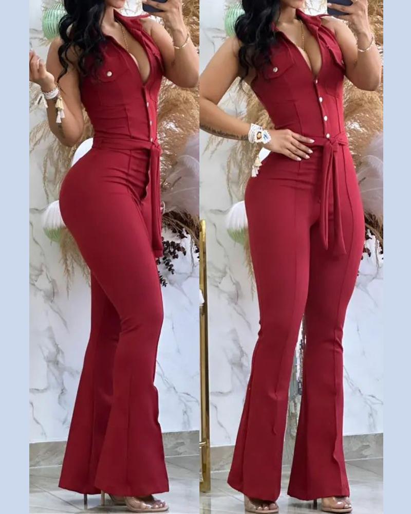 Turn Down Collar Sleeveless Flared Jumpsuit