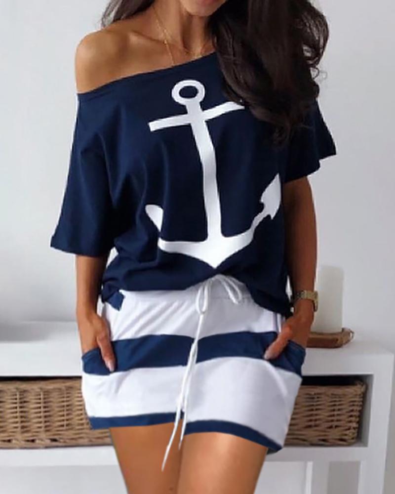 Boat Anchor Print Top & Striped Print Drawstring Shorts Sets