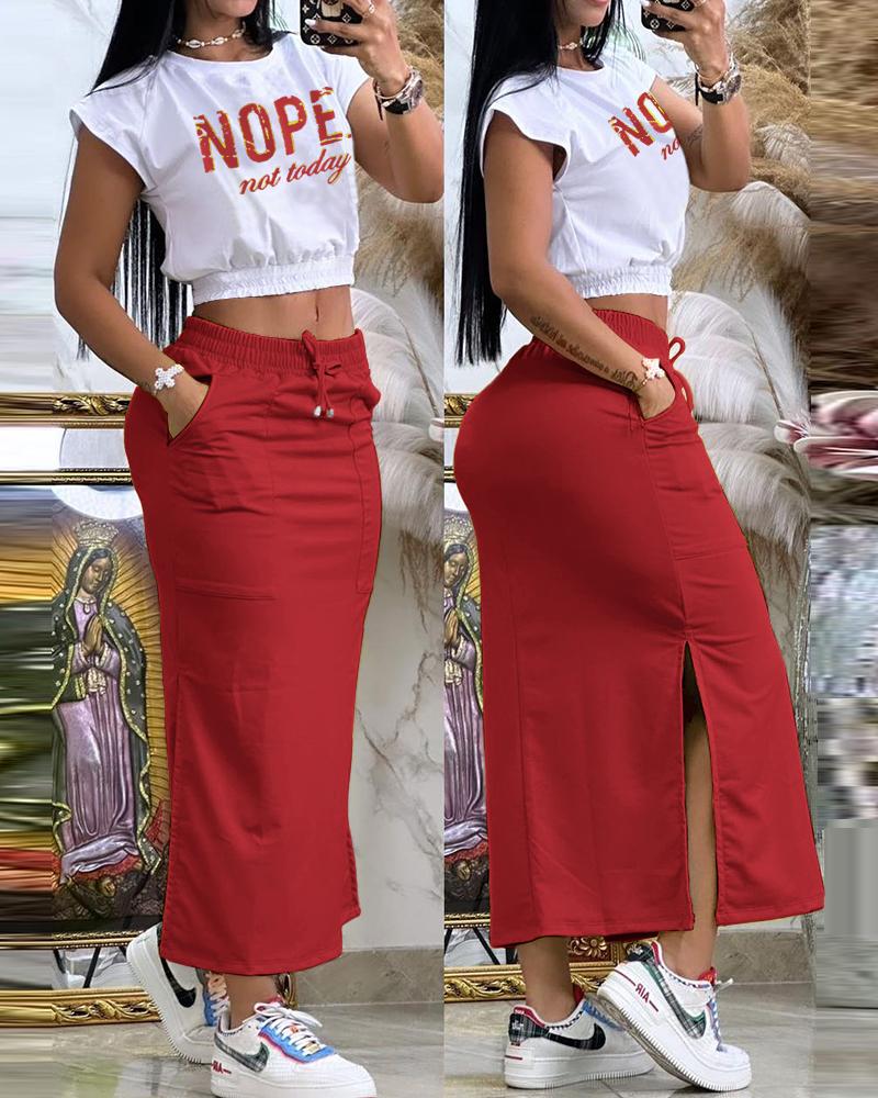 Nope Not Today Print Cap Sleeve T-shirt & Slit Drawstring Skirt Set