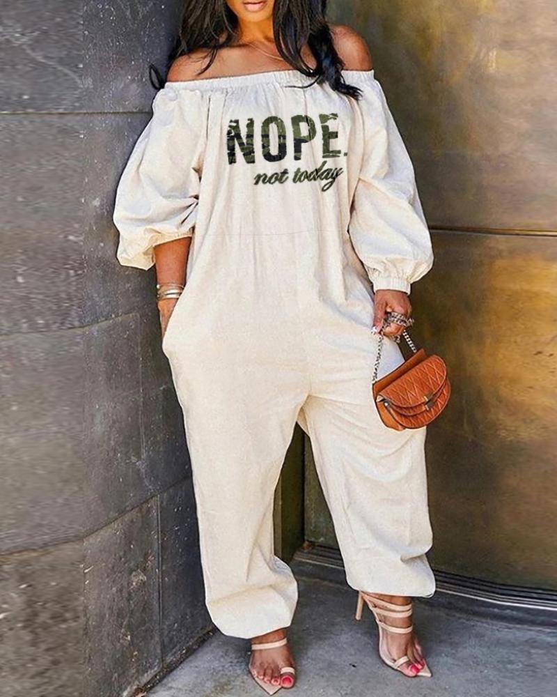Nope Not Today Camo Print Off Shoulder Jumpsuit