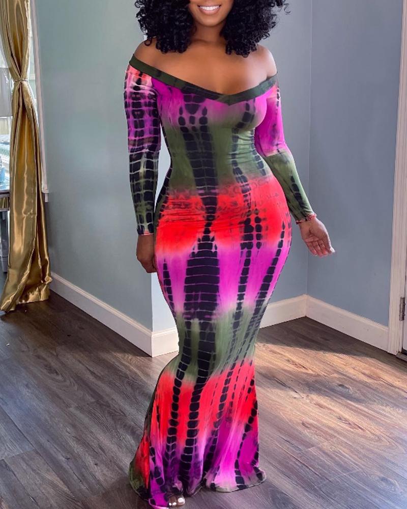 Off Shoulder Abstract Print Mermaid Dress