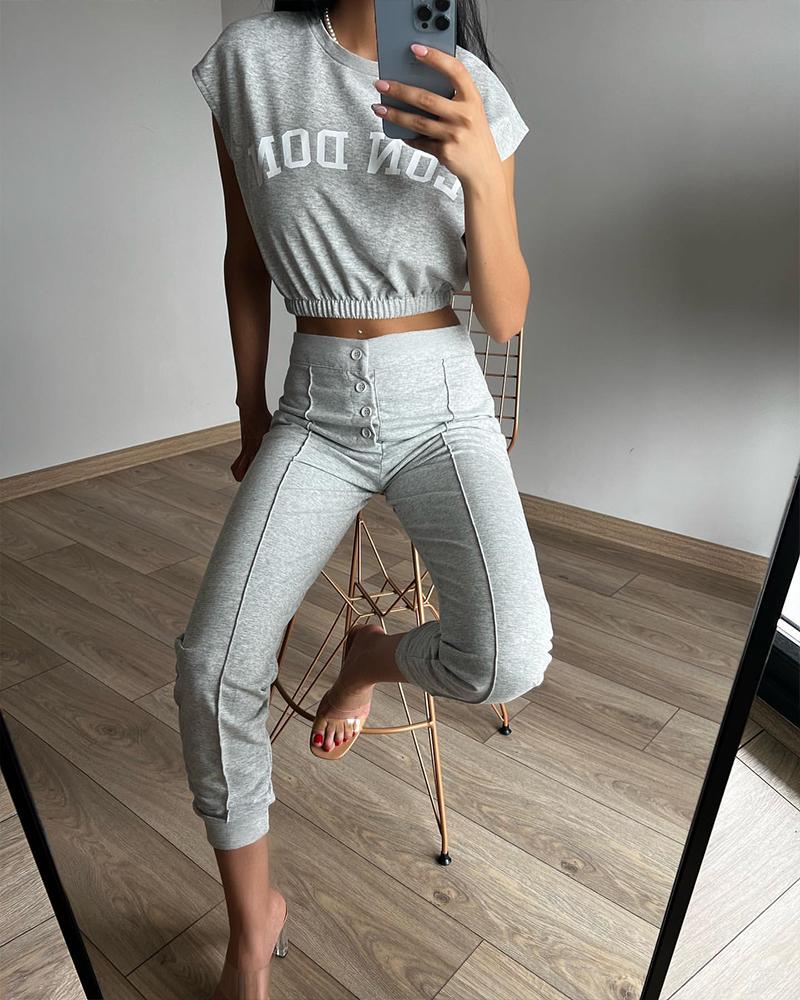 Letter Print Crop Top & Buttoned Pants Set