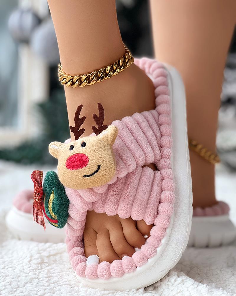 Christmas Cartoon Elk Santa Pattern Cross Strap Winter Slippers