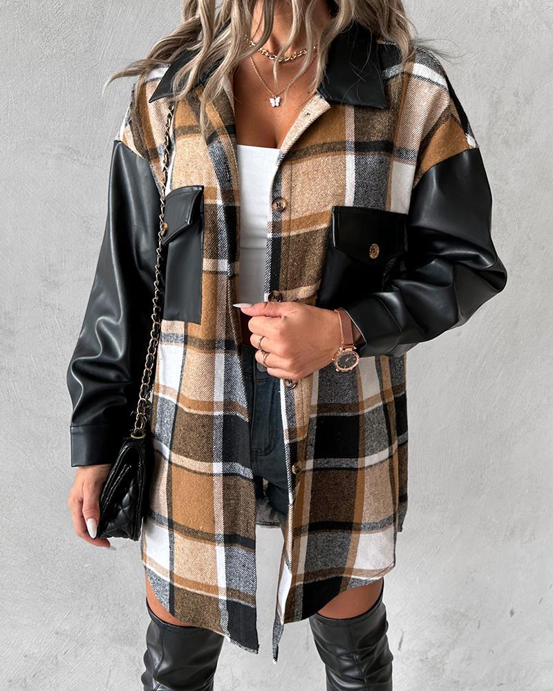 Plaid Print Pocket Design PU Leather Patch Jacket