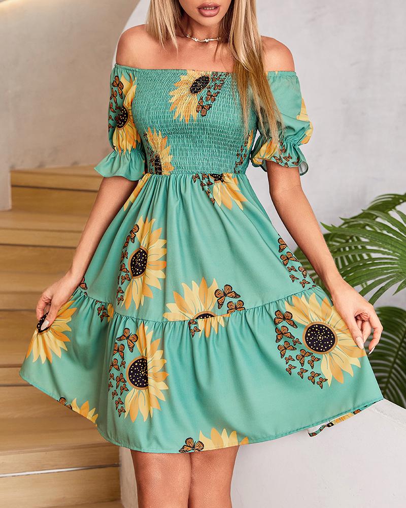 Sunflower Butterfly Print Off Shoulder Swing Dress