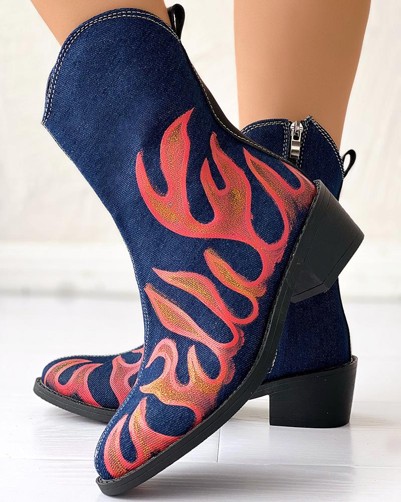 Fire Graphic Print Point Toe Chunky Heel Ankle Boots