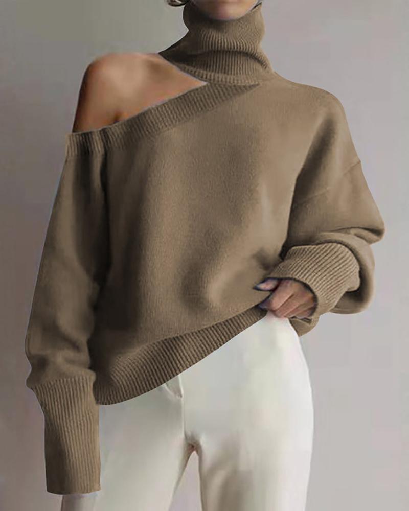 Cold Shoulder High Neck Long Sleeve Knit Sweater