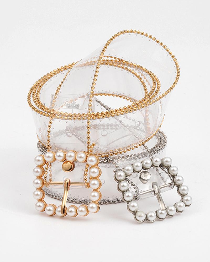  Faux Pearl Square Buckle Studded Clear Belt