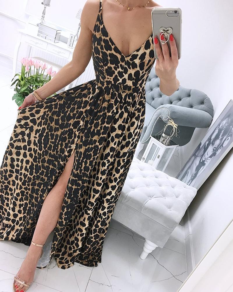 Spaghetti Strap Leopard Print High Slit Maxi Dress