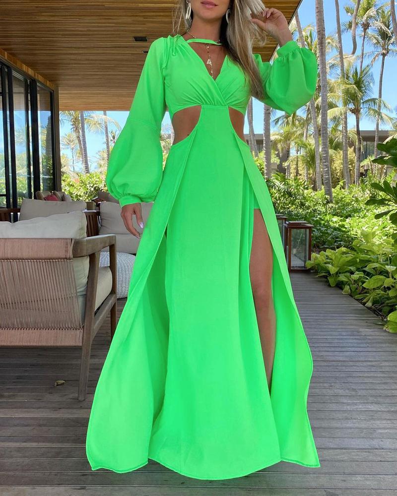 Lantern Sleeve Cutout Backless High Slit Maxi Dress