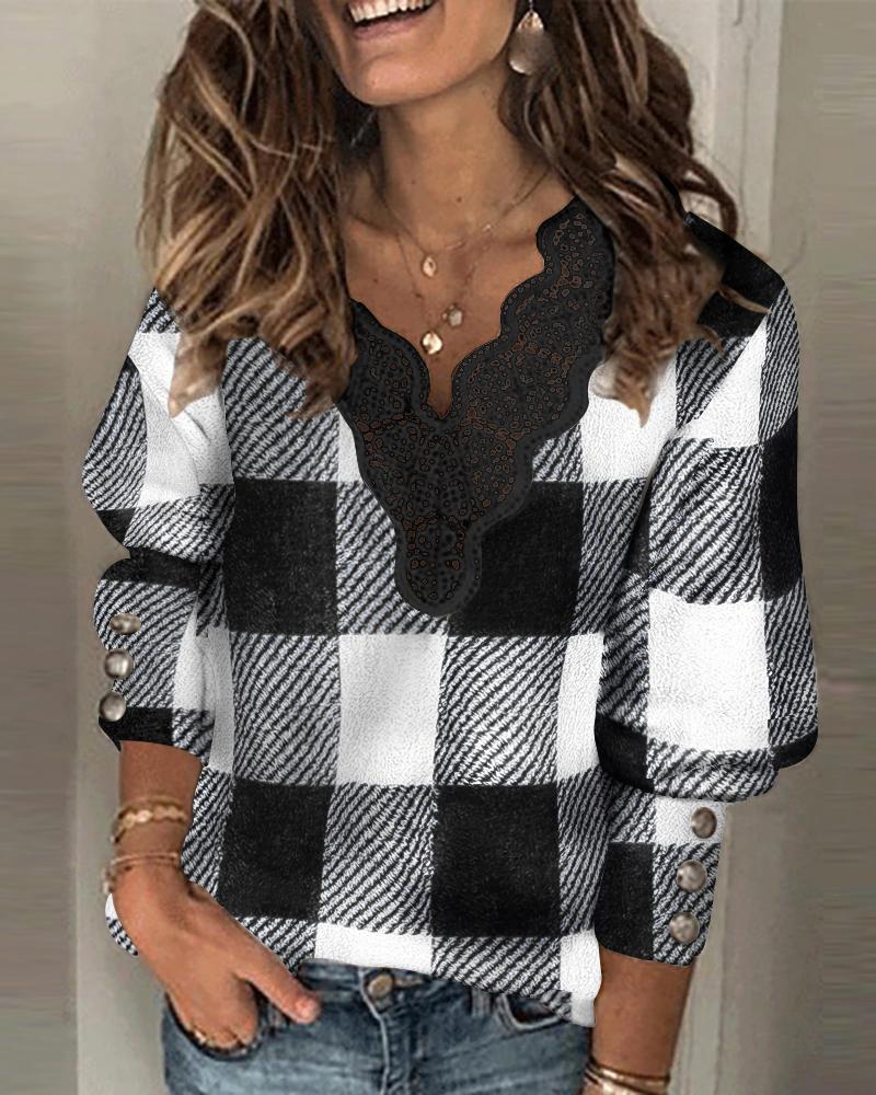 Plaid Print Contrast Lace Long Sleeve Top