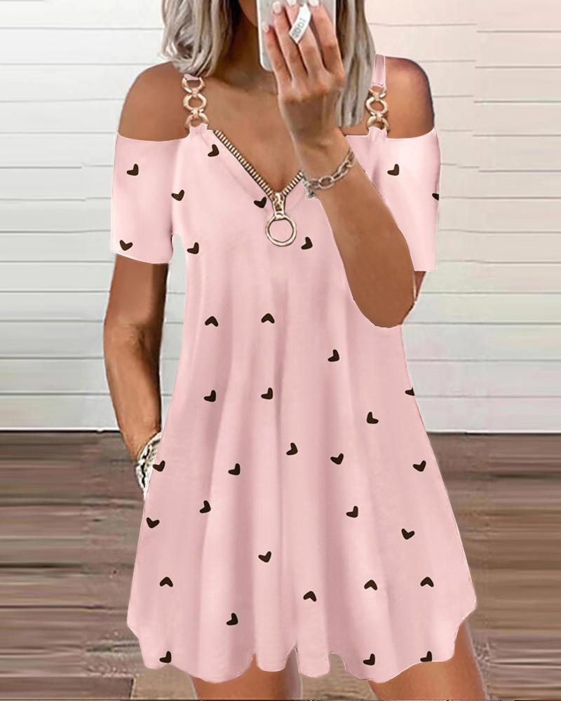 Heart Print Chain Decor Cold Shoulder Swing Dress