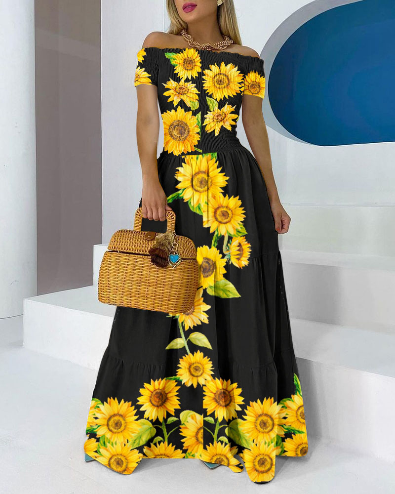 Off Shoulder Sunflower Print Shirred Maxi Dress