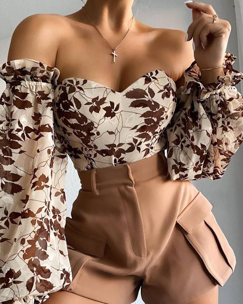 Off Shoulder Lantern Sleeve Floral Print Top