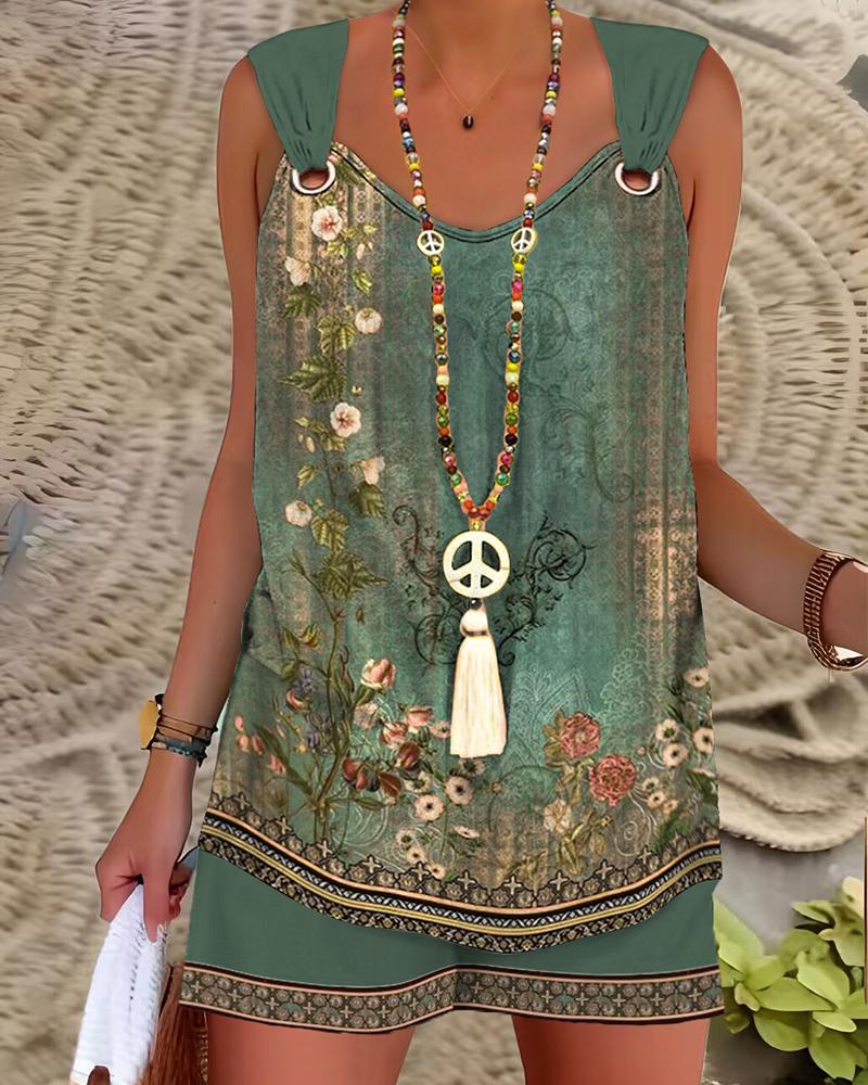 Floral Tribal Print Eyelet Sleeveless Top & Shorts Set