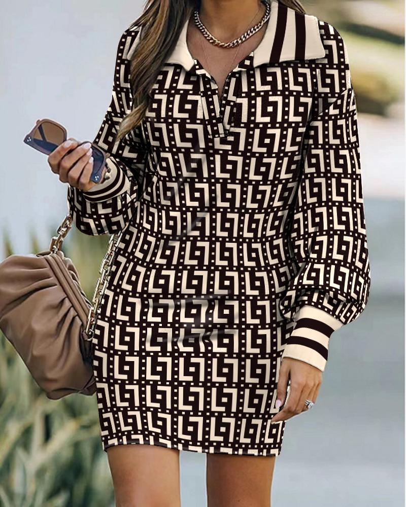 Striped Geometric Print Lantern Sleeve Casual Dress