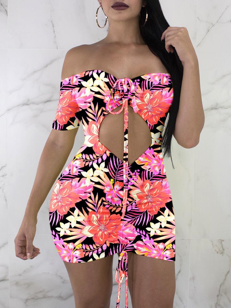 Floral Ruched Drawstring Cutout Bodycon Dress