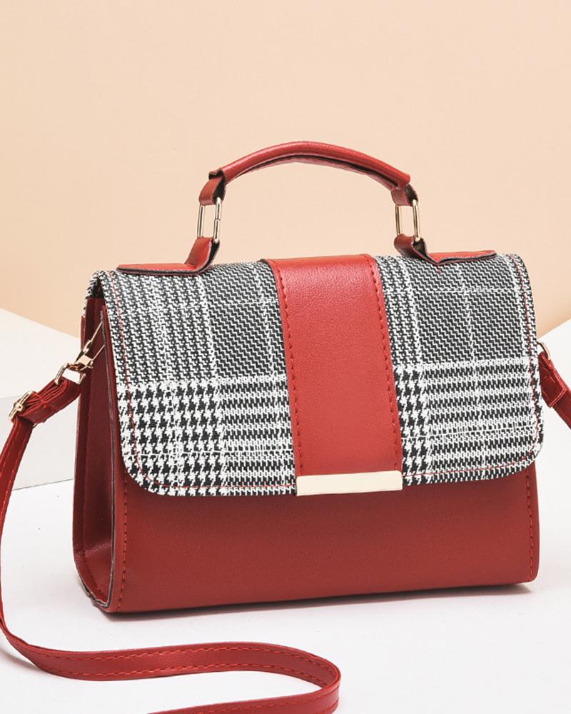 Colorblock Houndstooth Pattern Flap Magnetic Shoulder Bag
