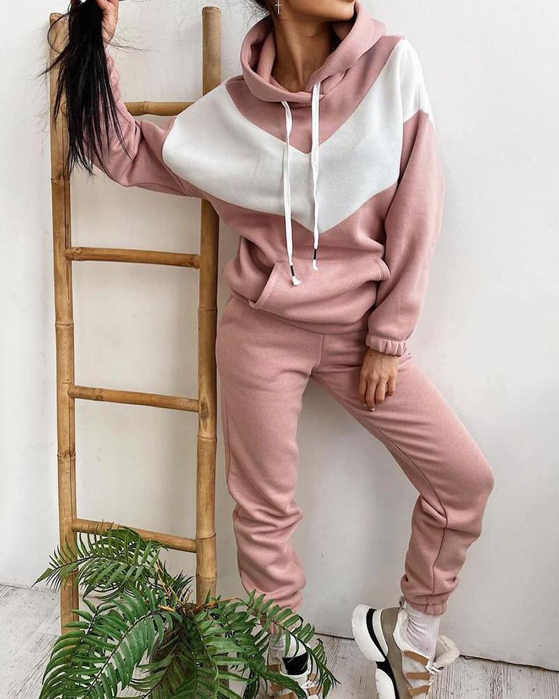 Colorblock Drawstring Hooded Top & Pocket Sweatpants Set
