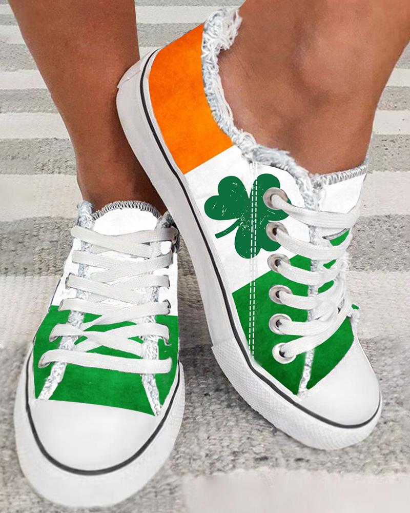 St. Patrick's Day Clover Print Colorblock Canvas Sneakers