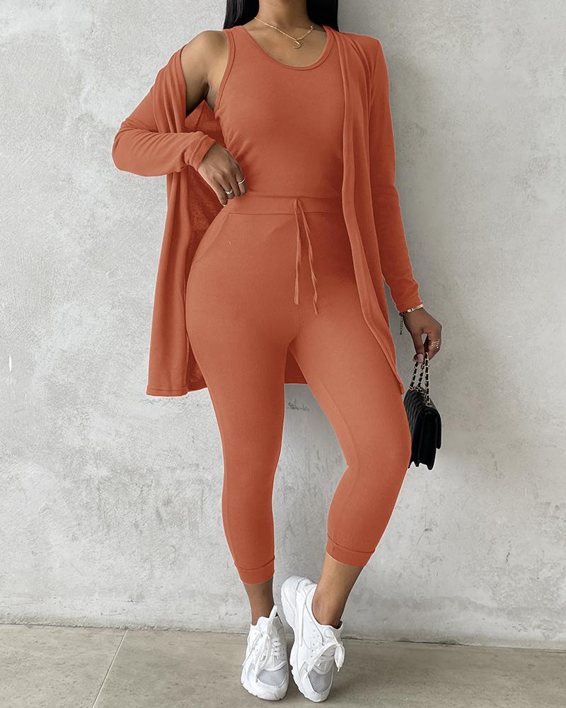 Round Neck Tank Top & Drawstring Pants Set With Coat