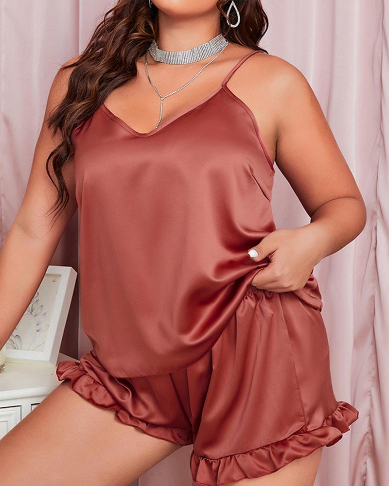 Plus Size V-Neck Spaghetti Strap Ruffle Hem Cami Set