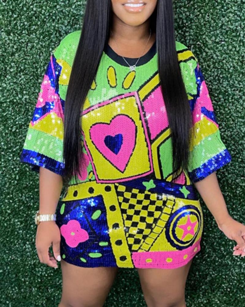 Allover Graphic Sequin Casual Dress