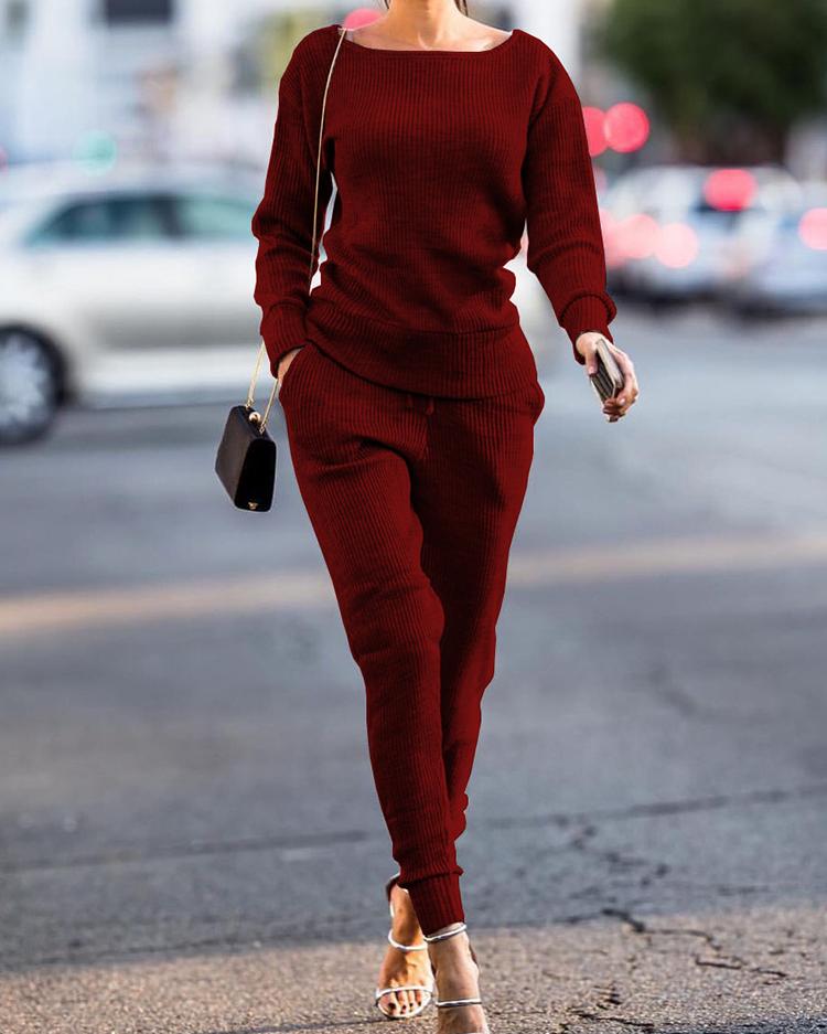 Long Sleeve Drawstring Knitted Top & Pants Set