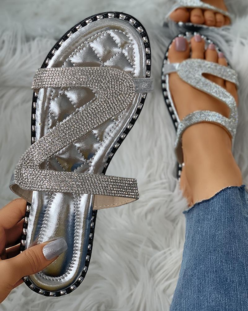 Diamante Cutout Open Toe Flat Sliders