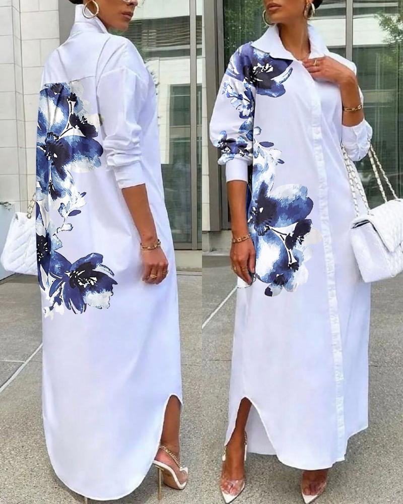 Floral Print Long Sleeve Button Down Shirt Dress